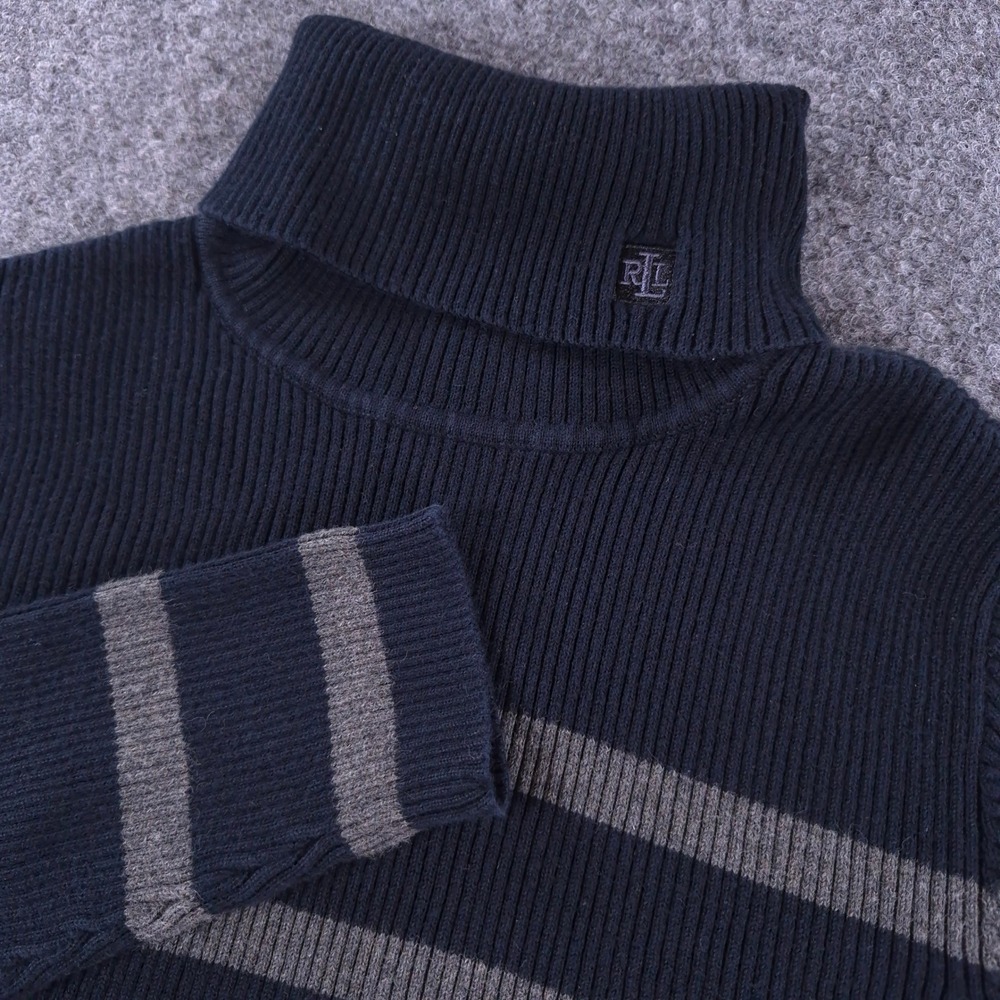 Lauren Ralph Lauren Black Gray Striped Ribbed Turtleneck Sweater Cotton Womens M